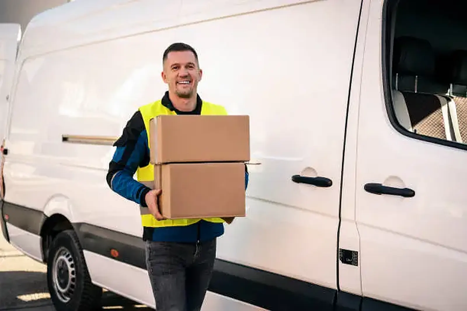 Грузчик Truck-Taxi несёт коробки к грузовому бусу Грузчик Truck-Taxi несёт коробки к грузовому бусу